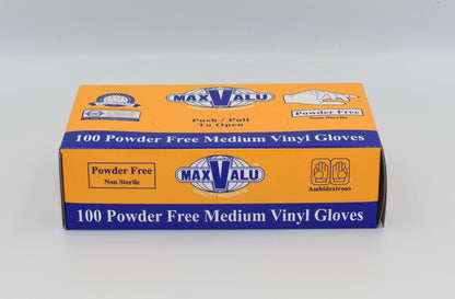 A box of MaxValu brand powder-free medium vinyl gloves, with the text '100 Powder Free Medium Vinyl Gloves' displayed on the packaging. – Quickway Supplies