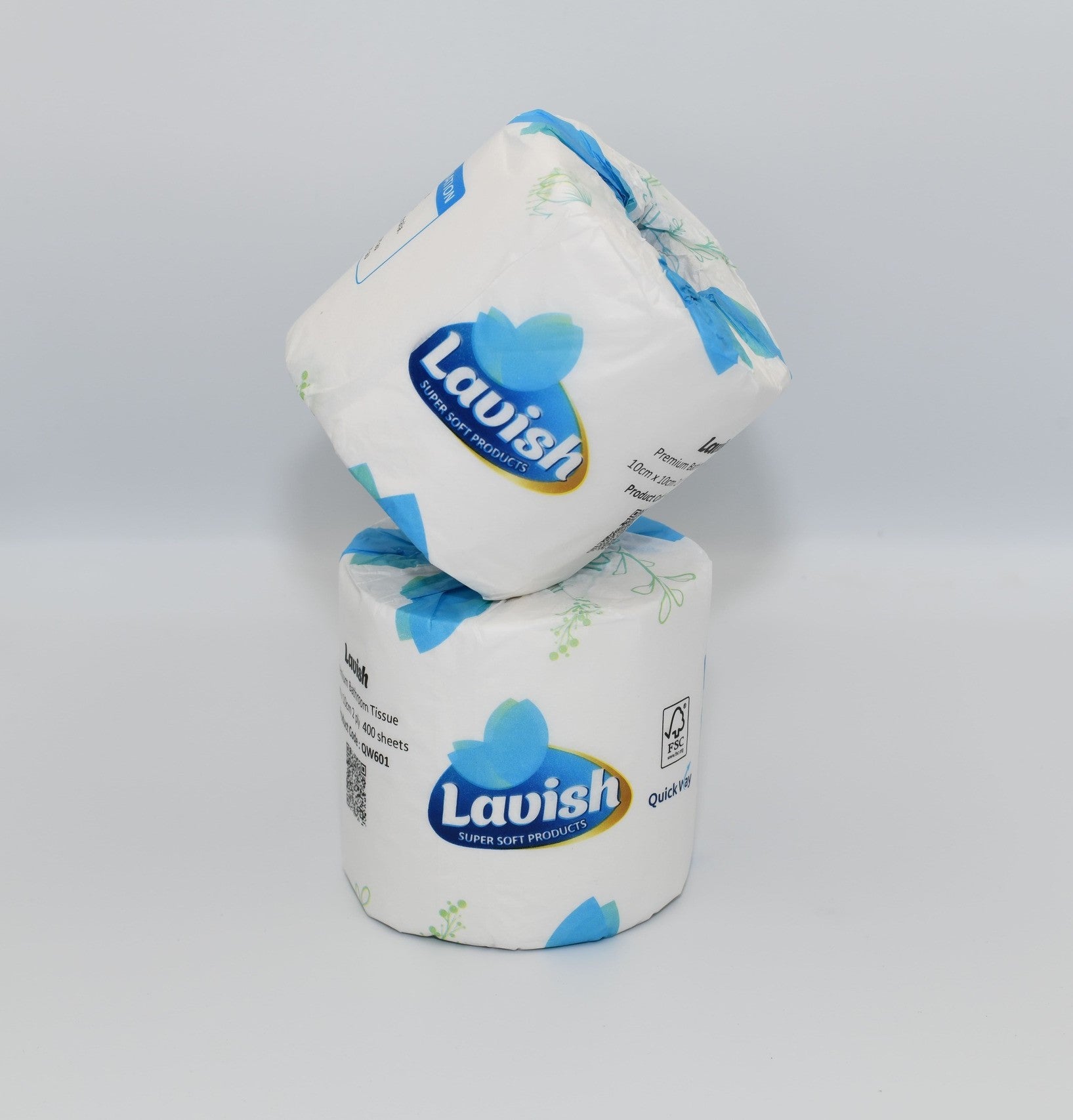 Two rolls of Lavish brand toilet paper with blue floral design on the packaging, stacked on top of each other. - Quickway Supplies