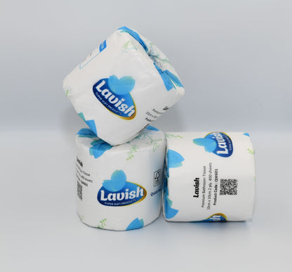 Two rolls of Lavish brand toilet paper with blue floral design on the packaging, stacked on top of each other. - Quickway Supplies