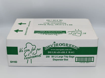 A box of EnviroGreen Degradable Large Tidy Bags, with the label showing the product name and the number of bags, 250 80L bags per box, in a dispenser box. - Quickway Supplies