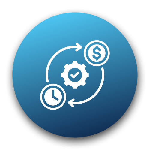 Blue circle with white icon of a clock, gear, and dollar sign with an arrow, on a white background. – Quickway Supplies