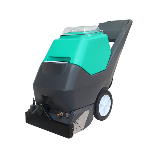 A black and green upright carpet cleaning machine with wheels and a carrying handle. – Quickway Supplies