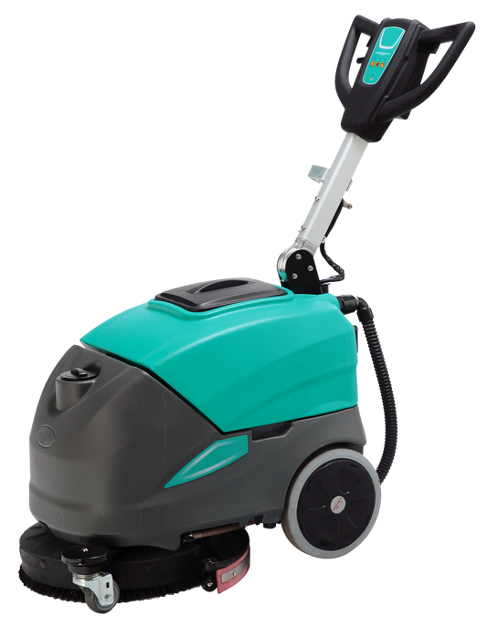 A compact scrubber dryer with an ergonomic design, featuring a green and black color scheme with controls on the handle and wheels for mobility. – Quickway Supplies