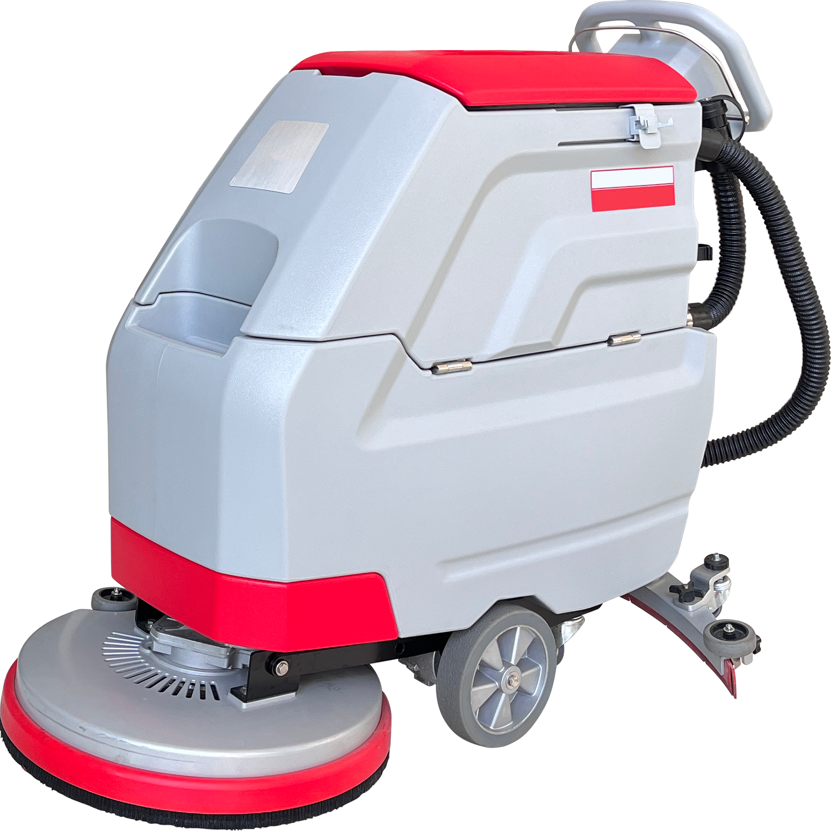 A walk behind scrubber machine primarily in white color with red accents, featuring a cleaning pad attached to the base and a hose attachment. – Quickway Supplies