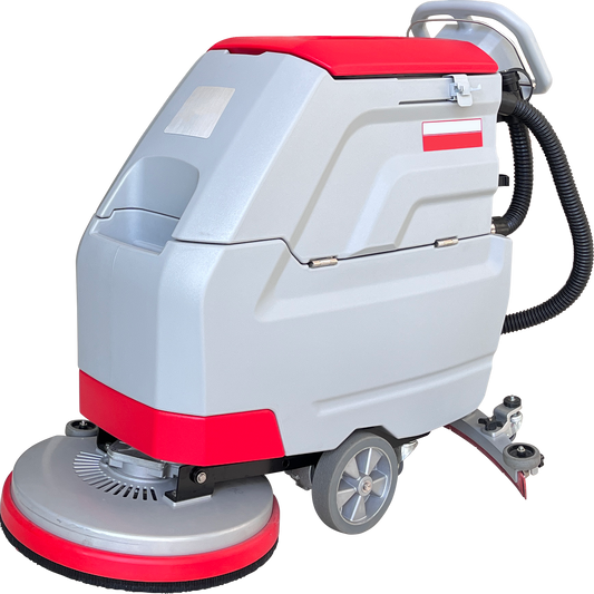 A walk behind scrubber machine primarily in white color with red accents, featuring a cleaning pad attached to the base and a hose attachment. – Quickway Supplies