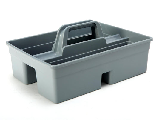 A gray plastic tool bucket with multiple compartments and an ergonomic handle. – Quickway Supplies