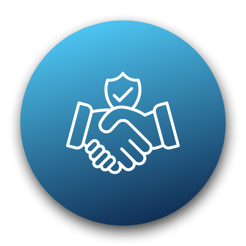 Icon of a handshake with a shield on a blue gradient background – Quickway Supplies
