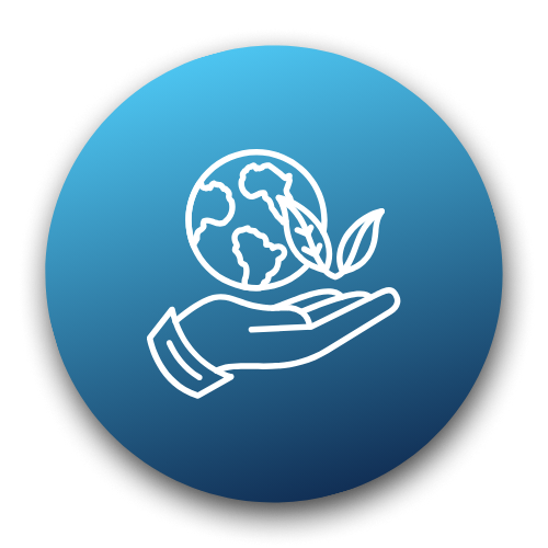 Icon of a hand holding the world with a leaf on a blue gradient background – Quickway Supplies