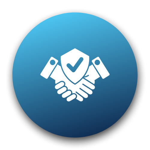 Blue circle with a white handshake and checkmark icon – Quickway Supplies