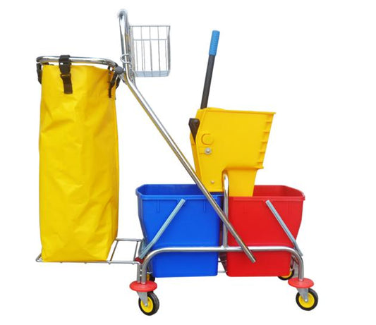Cleaning cart with yellow bucket, blue wringer, and red bucket on a white background – Quickway Supplies
